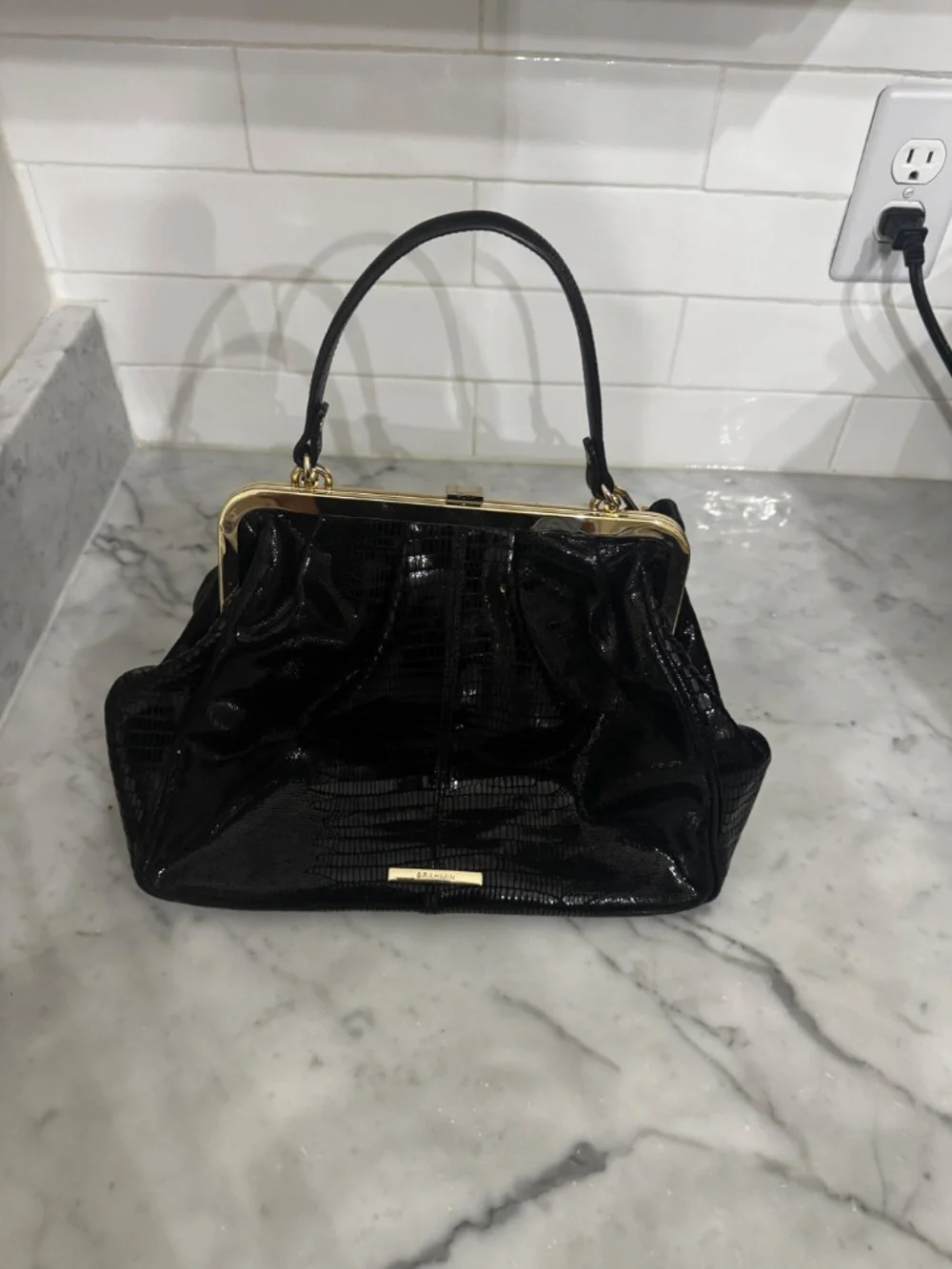 Brahmin Black Embossed Leather Frame Satchel Shoulder Bag Gold Hardware